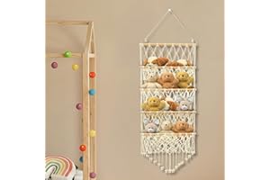 PANDAHUG Stuffed Toy Storage Hammock 4-Layer Large Capacity Toy Storage Net Bohemian Style Hanging Toy Organizer Washable Plush Doll Holder with 2 Hooks for Kids Baby Nursery Wall Bedroom Room Decor