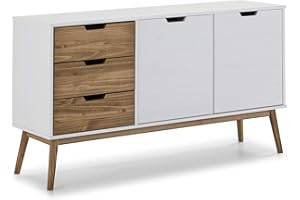 VS VENTA-STOCK Aparador Java 3 cajones y 2 Puertas Blanco/Cera, Madera de Pino Maciza, 140 cm Ancho, 40 cm Profundo y 80 cm Alto