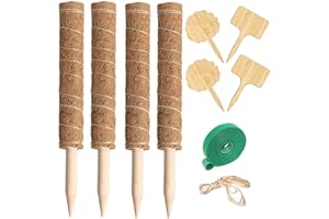 SUNYAY 4 Stück 40 cm Pflanzstab Kokos Moosstab für Pflanzen Pflanzstab Rankstab Monstera Rankhilfe Kokosstab für Kletterpflanzen mit 1 Rolle Klett Kabelbinder 2 Pflanzenetiketten