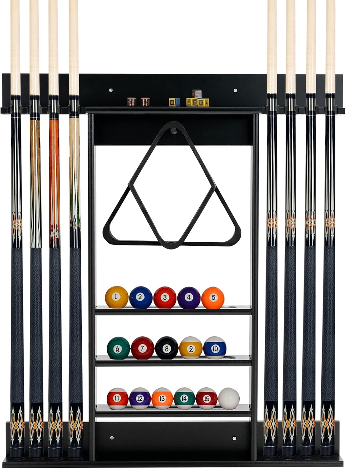 COSTWAY Billar Rack in Madera Maciz, Estante para Palos de Billar 8 Tacos, 15 Bolas de Billar, 1 Soporte para Bolas, Equipo de Billar Compacto para la Sala de Billar, Club, Bar (Negro)