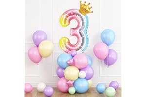 DAGELAR Crown Rainbow Number 3 Balloon for 3rd Birthday Decoration, 40 Inch Gradient Number 3 Balloon with Pastel Maca Balloons, Colorful 3 Foil Helium Balloons for Girls Baby Shower 3 Years Party Anniversary