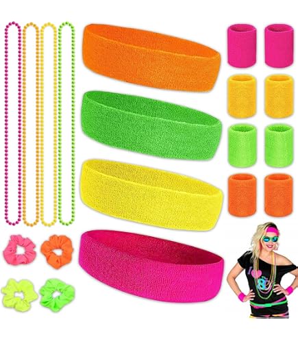 YAKLEE 21 Pcs Bandeau et Bracelet Fluo Année 80 90 - Accessoires Sportifs Néon Pour Homme Femme - Carnaval Soirée