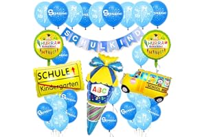 BLUELVES First Day of School Decoration Boys, First Day at School Decoration Set, Balloons First Day at School + Blue School Child Garland, 4 Metre Blue Stars Decorative Banner, Confetti Set with ABC 123 Sugar Bag Motif