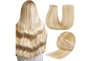 HotLulana Extensiones Adhesivas Pelo Natural Negro Natural Rubio ceniza con rubio blanquecino(#P18/613) 20pcs 35cm 40g 14pulgadas Invisible Skin Weft Extensiones Pelo Natural.