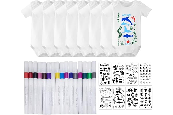 LOEPENLE Set med 8 färger, kortärmad babybody, målning, babyparty, 8 kortärmade bodysuits + 14 färgglada textilstift 8 stenciler för babyshower, Vit, S