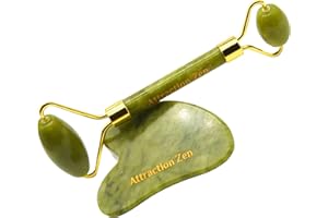ATTRACTION ZEN Rouleau et Gua Sha Authentique 100% Naturel - Masseur de visage pour Anti-âge Anti-rides -Roller raffermir la peau, les poches des yeux