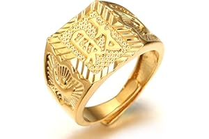 HALUKAKAH ● Oro Bendiga Todo ● Hombres Anillo Chapado en 18K Oro Real con Diamantes Kanji Rico+Suerte+Riqueza Tamaño Ajustable con CajaDeRegaloGRATIS