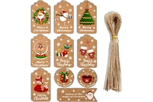 DOJoykey Xmas Gift Tags, 50pcs 10 Design Kraft Paper Christmas Labels with 50pcs Jute String for Gift Christmas Tree Decoration