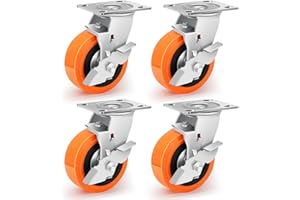 Humagineer 125 mm Polyurethane Heavy Duty Castors with Brake, Industrial Castors Heavy Duty Load Capacity 1600 kg with Double Ball Bearing, Quiet and Wear Resistant for Industrial Equipment, Machinery