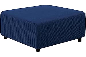 qiden Square Footstool Cover Jacquard Plush Thicker Large Stretch Pouffe Cover Anti-Slip Ottoman Slipcovers With Elastic Bottom, Machine Washable-Navy Blue-Large