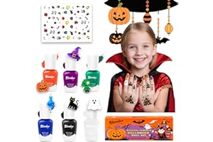 Aieenjor 6 colori per Halloween, smalto per unghie per bambini, con 70 pezzi, con motivi di brivido (ragnatela, zucca, cranio, pipistrello), per ragazzi e ragazze, per feste di Halloween