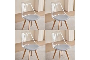 GrandCA HOME Pack 4 Sillas de Comedor con Respaldo Transparente y Patas de Madera, Sillas Tapizadas Sillas Nórdicas para Cocina Comedor (Gris/Cuero)