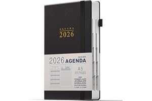 DeDe Bee Kalendarz 2026, terminarz A5, wielojęzyczny, 1 dzień na stronie i plan miesięczny, łącznie 416 stron, kieszeń wewnętrzna, elastyczne zamknięcie, twarda okładka (czarny)