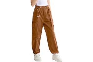 Rolanko Pantalon Cargo Fille avec Ceinture Réglable Taille Haute Élastiquée en Velours Côtelé Jogging Pantalon de Danse Hip Hop pour Enfants