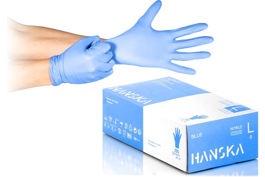 HANSKA 100 Blau Nitril-Einweghandschuhe – puderfrei – Einweg – beidhändig tragbar – unsteril – Gummibasis – Geeignet für medizinische Bereiche und Lebensmittelverarbeitung (100, L)