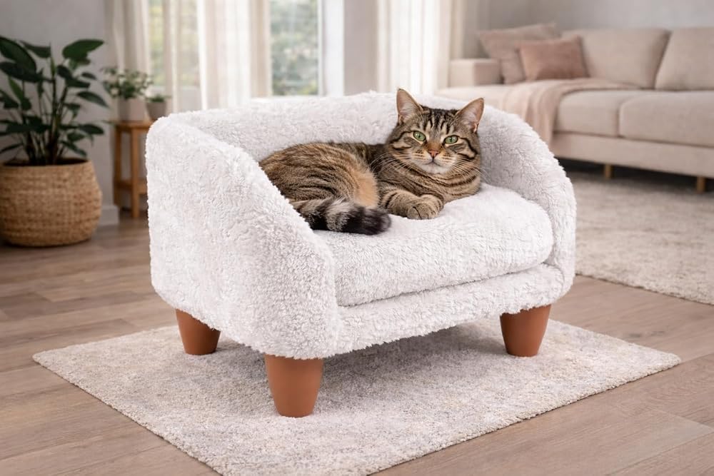 GOBYPET Peluş Kedi Koltuğu | Yumuşak Kedi Yatağı | Köpek Koltuğu (Beyaz, Standart)