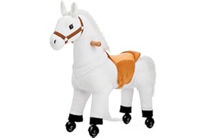 PONYEEHAW Reitpferd für Kinder ab 3 mit Rollen, Horse Toy Ride, Spielpferd zum Reiten Stehpferd Groß aus Metall und Plüsch Pferde Spielzeug zum Reiten mit Schabracke und Zaumzeug (Weiß, Klein)