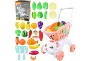 AnJeey Carrello della Spesa Giocattolo per Bambini con Cibo da Tagliare, Frutta e Verdura Set di Gioco da 29 Pezzi per Giochi di Ruolo educativi per Bambini Un Regalo di Giocattolo educativo, Z153