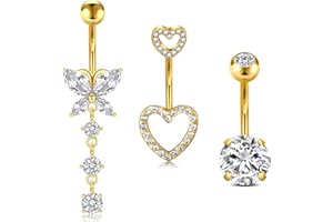 NIUSIMAN 3 piezas Piercing ombligo,14G ombligo Piercing de acero quirúrgico de plata oro CZ corazón mariposa ombligo joyería bola de cristal ombligo Piercing largo Barbell Set para Mujeres