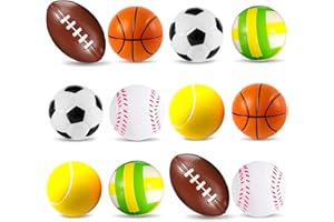POTWPOT Soft Foam Sponge Sports Balls, 12 Pieces Sponge Balls Squeeze Stress Balls Football Basketball Tennis Baseball Rugby and Volleyball for Kids