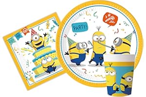 Isola Party Kit festa di compleanno Minions per 16 persone eco-friendly (16 piatti di carta ⌀ 23 cm, 16 bicchieri di carta 250 ml, 16 tovaglioli di carta 33x33 cm)
