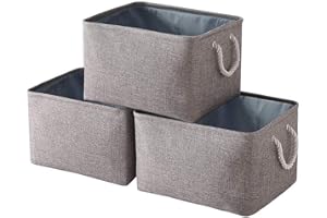 Yawinhe Foldable Storage Basket 3 Pack, Collapsible Linen Fabric Storage Bins with Rope Handles, Wardrobe Organiser, for Sorting Clothes, Family Items, 34x22x17cm, Grey, SNK004GM
