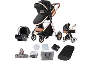 Prokoke 3-in-1 Pushchair Set, One Click Foldable, Combination Pram, 3-in-1 with Reversible Two-Way Push, Buggy Frame, Aluminium Alloy Baby, Toddler, Newborn (225 Black)