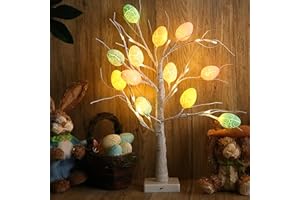 Qedertek Albero di Pasqua 60cm, 24 LED Albero di Ramoscelli con Luci Bianco Caldo per Decorazione Pasqua, Albero Artificial con 12 Uovo per Pasqua Decorazione Interno, Compleanno, Festa, Bambini