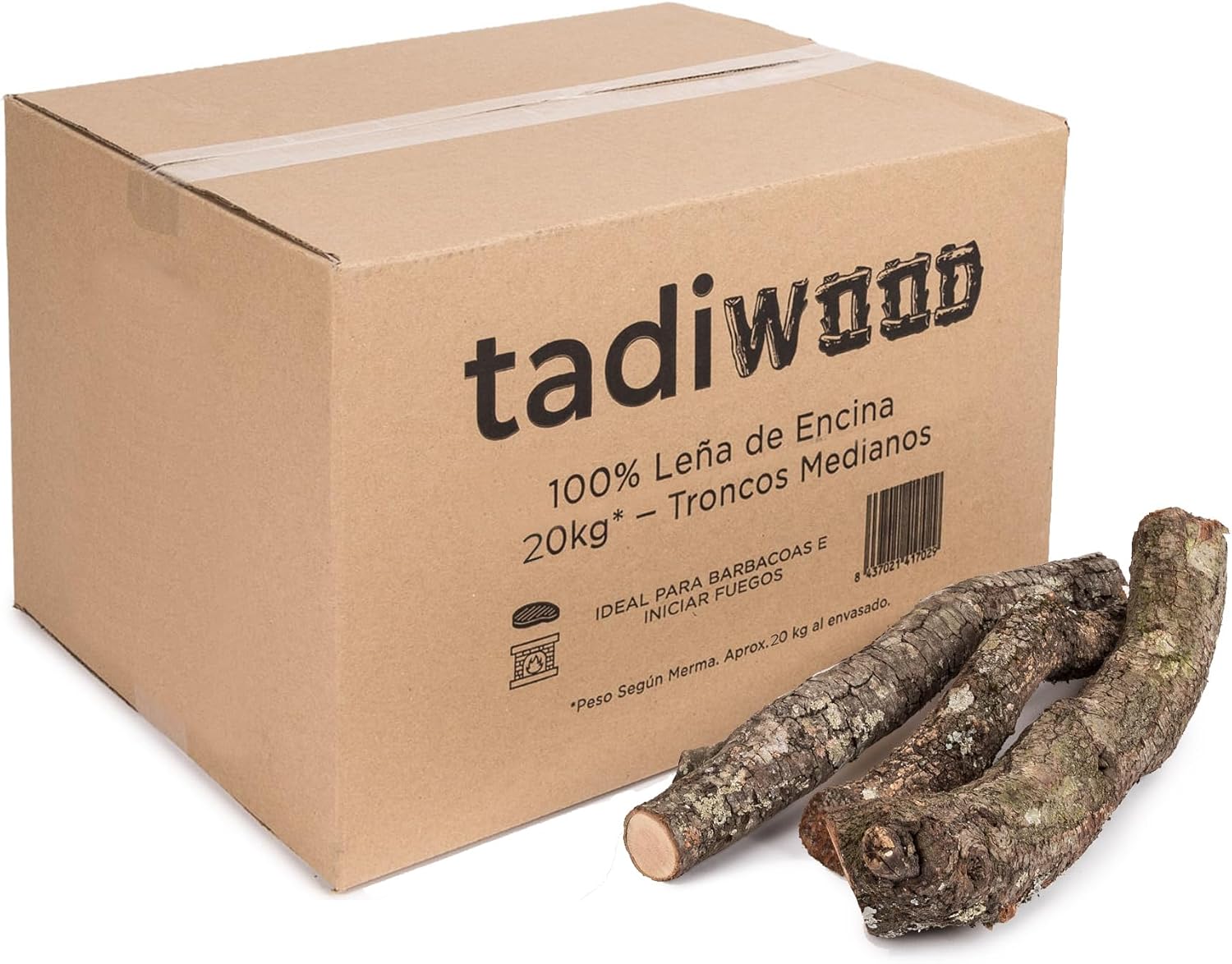 20kg de Encina. Troncos Medios ideales para Barbacoas y para fuegos en Chimeneas, Calderas y Estufas. Leña Seca y de Poda Controlada. Hecho en España.