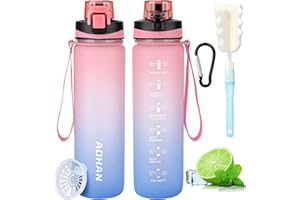 YANIKY Butelka na napoje, 1 litr, ze znacznikami czasu i filtrem, szczelna, sportowa butelka na wodę, nie zawiera BPA, outdoorowa butelka sportowa, na kemping, do szkoły (różowo-niebieska)
