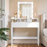 VASAGLE Dressing Table, Makeup Table with Mirror, 2 Drawers | Large Mirror, 3 Compartments, Modern, Cloud White, KAILYN Colle