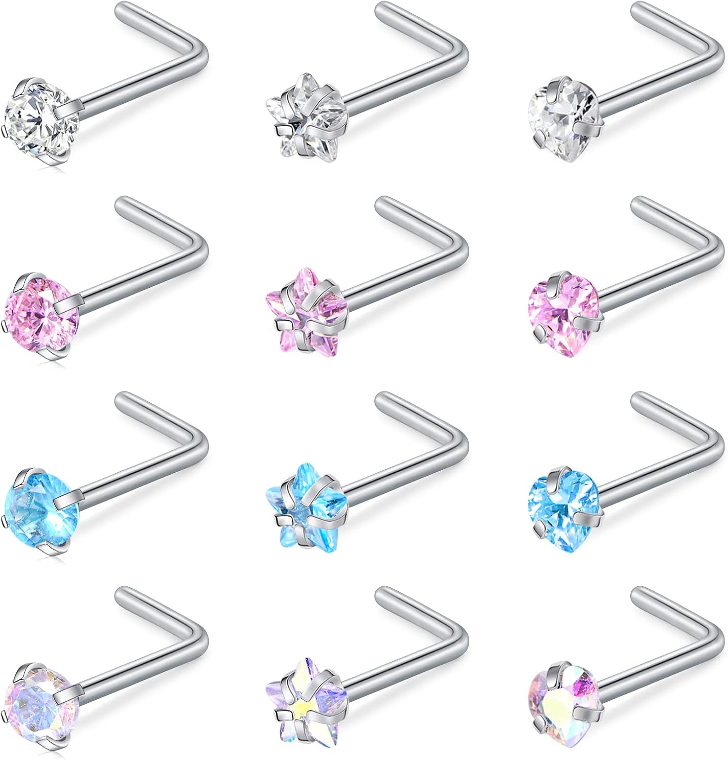 WillTen 20G Nose Studs L Shape Women Nose Studs Colorful Diamond CZ Silver Stainless Steel Heart Start Piercing Jewelry