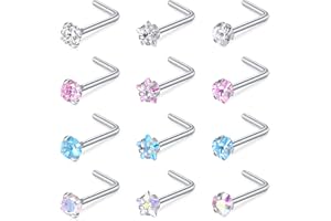 WillTen 20G Nose Studs L Shape Women Nose Studs Colorful Diamond CZ Silver Stainless Steel Heart Start Piercing Jewelry
