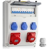 KAMTOP Work Current Distributor, FI+LS, 3 Schuko, CEE 16A/32A | Internal wiring with crimp terminals and FI+LS protection; IP