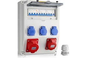 KAMTOP Distribuidor de Corriente de Pared 32A+16A CEE y 3x Schuko con Interruptor Diferencial y Disyuntor Protección FI LS IP66 Impermeable Ideal para Talleres Cobertizos y Jardines