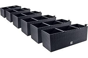 PAFEN 6in1 Set 6X Balkonkasten Blumenkasten Rattan-Optik 4 Farben Pflanztopf Wasserstandsanzeiger (Anthrazit)