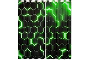 Homewish Geometric Kids 30%-50% Blackout Curtains 66" Wx90 L 2 Panels Set, Honeycomb Boys Curtains for Bedroom, Glitter Hexagon Window Treatment Green Black Curtains & Drapes 66" Wx90 L