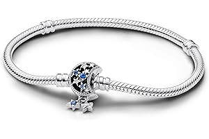 Pandora Moments Bransoletka o wężykowym splocie ze srebra próby 925 z zapięciem w kształcie księżyca z niebieskim kryształem i z przezroczystymi cyrkoniami