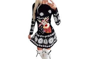 Dasongff Cadeaux de noël Femmes Imprimé De Noël Robe Dames Mini Robe À Manches Longues Robe de Soirée Chic et Glamour Courte avec Imprimé Wapiti et Père Noël Fête de Noël Robe de Noël