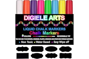 DIGIELE Rotuladores de Tiza Líquida, 8 Colores Tiza Liquida, Punta Reversibles 6mm, Borrado en Paño Seco o Húmedo para Cristal, Ventana, Pizarra o Restaurante, 32 Etiquetas Reusables Embaladas
