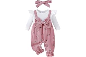 PanLidapan Infant Newborn Baby Girls One Pieces Outfit Floral Bow Jumpsuit Long Sleeve Ruffle Romper with Headband Cute Fall Winter Clothes