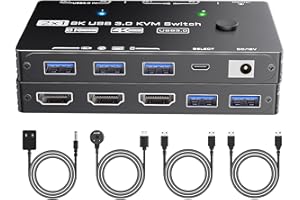 DXCHIP 8K KVM Switch 1 Monitor 2 PC 2 Port HDMI 2.1 USB 3.0 KVM Switches 2 IN 1 OUT Video Keyboard Mouse Switch Support 8K@60Hz/4K@120Hz with Wired Remote
