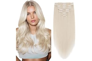 Elailite Double Weft Clip in Hair Extensions Real Human Hair Blonde - Thick 8 Pieces Remy Hair Straight Full Head #70 Bleach White - 20 Inch (150 g)