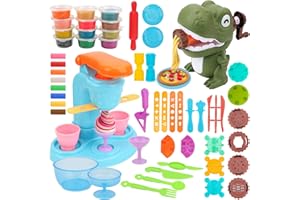 WOOWAIR 58 PCS Juego de Plastilina para Niños, Herramientas Plastilina Accesorios de Arcilla de Modelado con 12 Latas de Plastilina, Máquina de Helados + Máquina de Pasta de Dinosaurio para Niños 3+