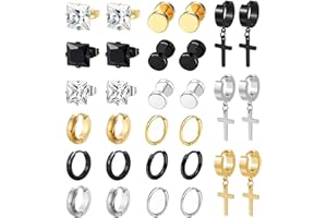BVLAGIDA 15 Paires Boucle d'Oreille Homme, Acier Inoxydable Boucles d'Oreilles, Noir Argent Gold Clous d'Oreilles, Boucle d'Oreille Créole, Boucles d'Oreilles Faux Plug pour Homme Femme