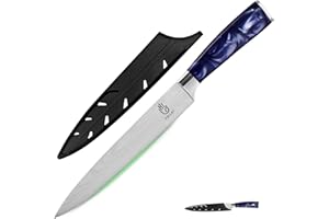 FULLHI Couteau à trancher, couteau japonais multicolore de 8 pouces avec étui, couteau à découper, couteau de cuisine en acier inoxydable avec protection (Résine violette)