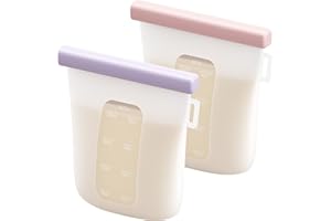 Nuliie 2 Stück Wiederverwendbare Muttermilchbeutel, 8oz/240ml Auslaufsichere Muttermilch Aufbewahrung, Gefrierschrank Lebensmittelqualität Silikon-Milchbeutel für das Stillen, BPA Frei, Rosa + Lila