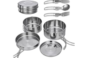 ATPWONZ 7Pcs Stainless Steel Camping Cookware Set, Camping Pots And Pans 900ml 600ml Cooking Pots 14.8cm Frying Pan 13cm Plate with 3Pcs Cutlery Set for Camping, Picnic Includes Carry Bag