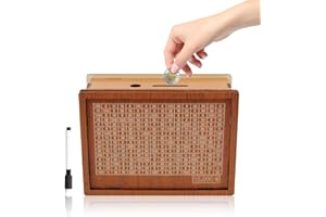 TIHOOK Hucha de madera, hucha con contador, hucha reutilizable, hucha con objetivo de ahorro 10000€, 4 Especificaciones Caja de ahorro