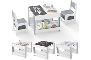 RELAX4LIFE 4 in 1 Tavolino e Sedie per Bambini, Tavolo in Legno con Lavagna Bifacciale Rimovibile, Contenitore Nascosto e 2 Ripiani Laterali, 2 Sedie con Cassetti Portaoggetti per Cameretta (Grigio)